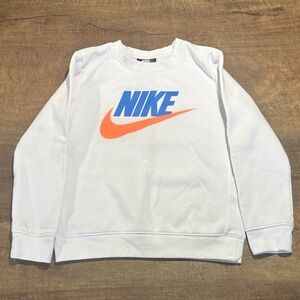 Nike Kids White Crewneck Sweatshirt with Blue Logo and Orange Swoosh (6-7)